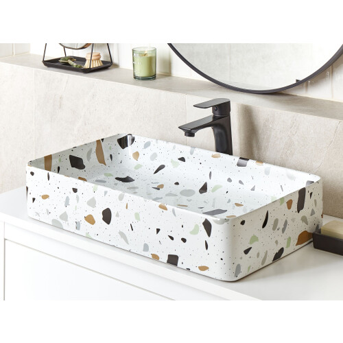 Beliani Countertop Basin NULES 510 x 340 mm Ceramic Terrazzo Effect White 1