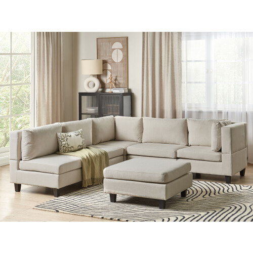 Beliani Modular Corner Sofa 5 Seater UNSTAD with Ottoman Fabric Light Beige Left Hand 1