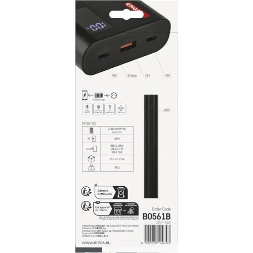 Bateria Externa - EMOS - NTBF30 - 27000 mAh - Carga Rápida 100 W - 2 Portas USB-C/USB-A 2