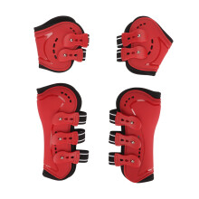 Front and hind leg boots for horse legs with shockabsorbing ventilation holes, open front design for jumping, made of Neopren material.