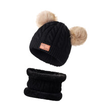 Kids Acrylic Knitted Hat And Neck Warmer Set 6 Colors-Black