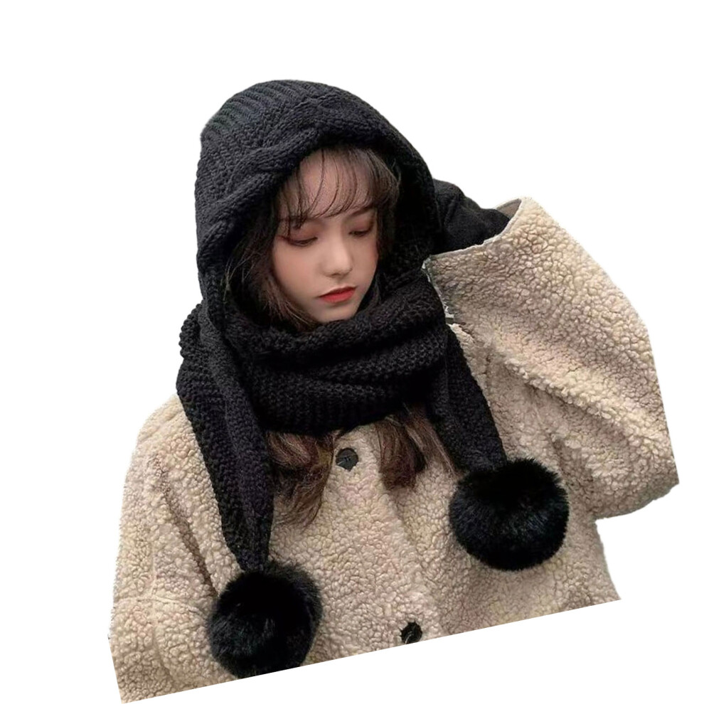 Korean Styles Scarf Hat Soft Knitted Neck Warmer Earflaps-Black