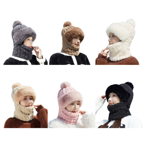 Warmth Knitted Hat with Scarf Face Cover Plush Thick-Gray 1