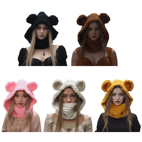 Bear Ear Thicken Knitted Cap With Scarf Face Covers Cold-Pink 1