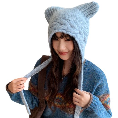 Niedliche warme Ohrenmütze mit Ohrenpullover-Kappen,-Blau
