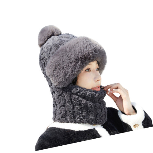 Warmth Knitted Hat with Scarf Face Cover Plush Thick-Gray