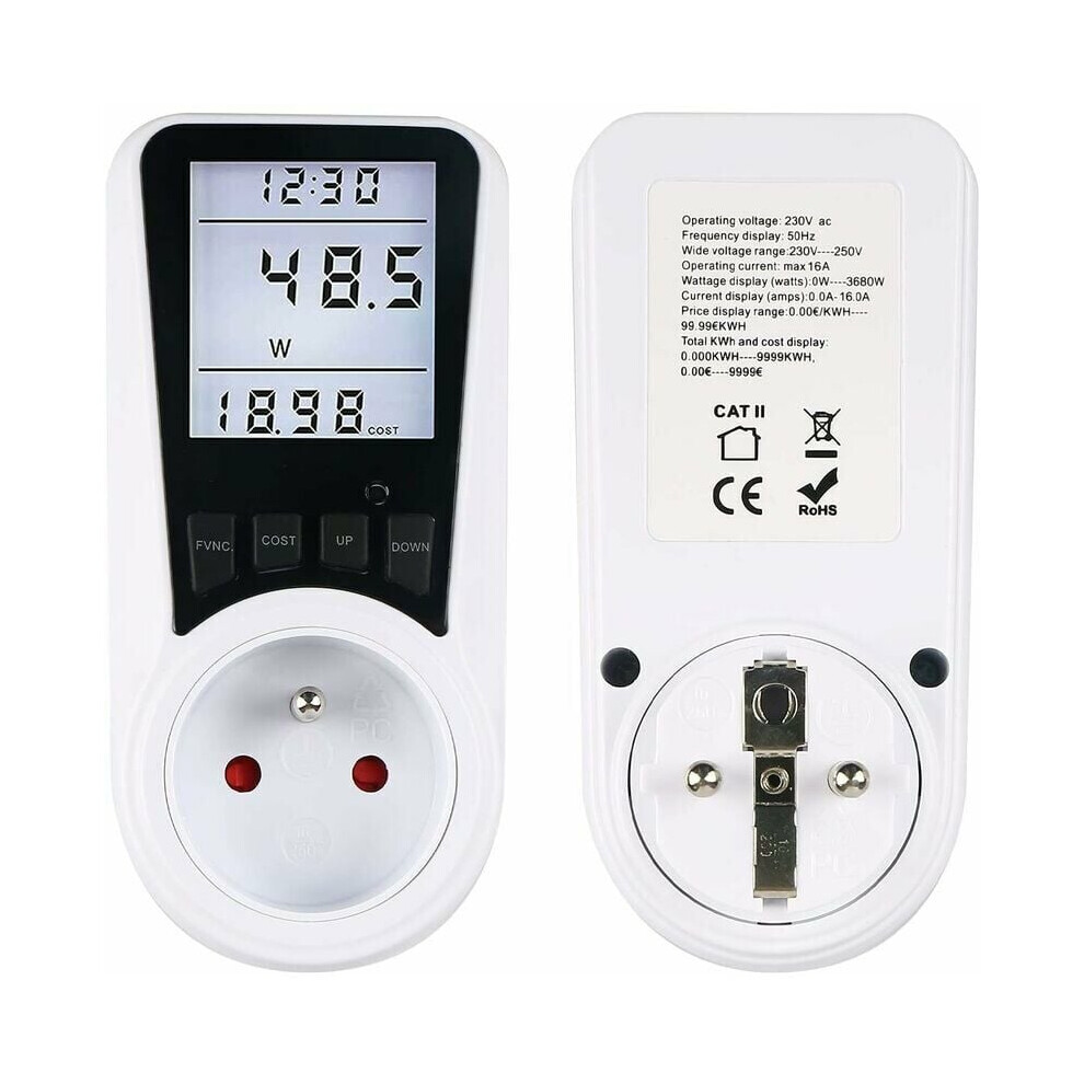 Energy Consumption Monitor, Power Meter Plug With Voltage Amps Cost Calculator, Overload Protection, Clear Backlit Lcd Display For 230V Ac Home 9173940432048