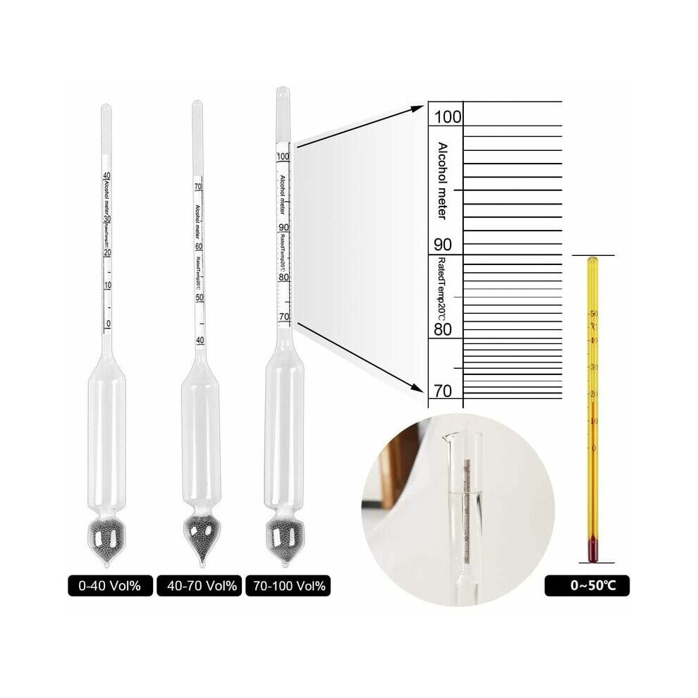 Professional Hydrometer Kit, Accurate Measurement For Distilling Moonshine, Spirits Whiskey Testing, Set Of 3 Glass Hydrometers, Thermometer