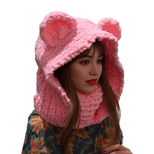 Bear Ear Thicken Knitted Cap With Scarf Face Covers Cold-Pink