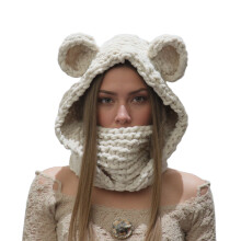 Bear Ear Winter Scarf Hat Soft Acrylic Facecover Hat for-White