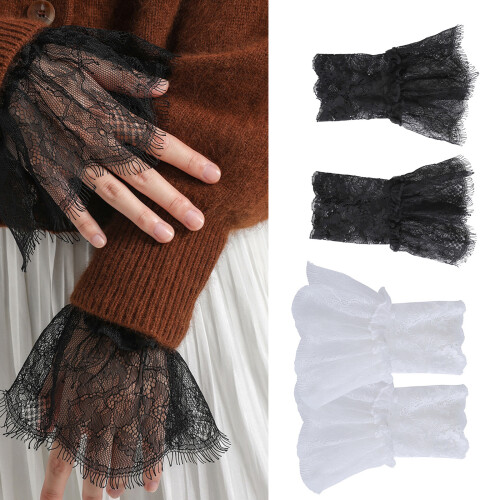 2 Paar modische Armstulpen mit Spitzen-Blumenbesatz, elastische 1