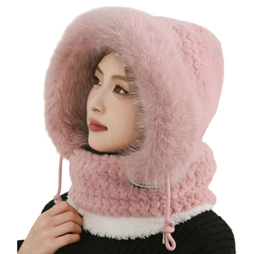Windproof Fleece Lined Cycling Pullover Hat With Full Face-Pink