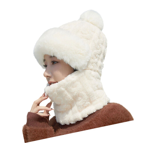 Cold Weather Knitted Hat with Neck Scarf Face Coverage-White