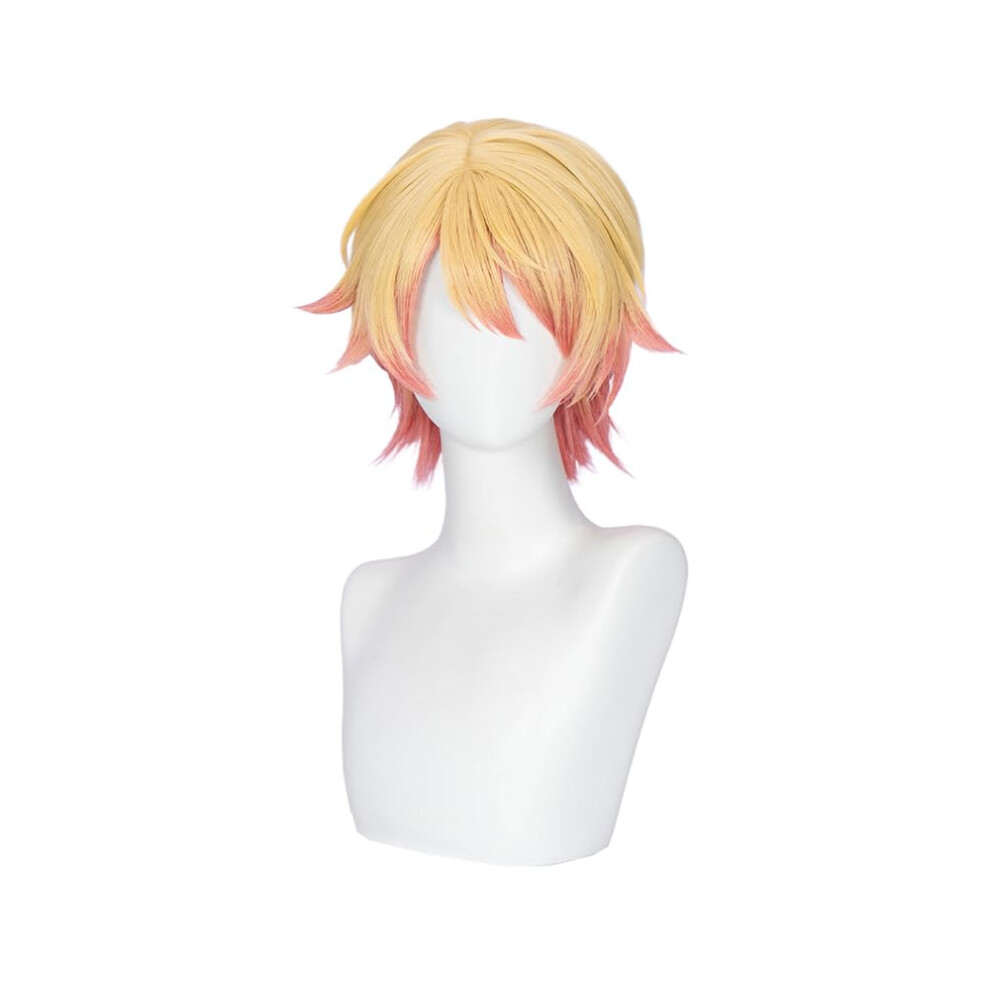Unisex Pink,Gold Cosplay Wigs Short Blonde Pink Gradient For Men With Bangs, Gold Ombre, Realistic Anime Wig, Heatresistant Fiber