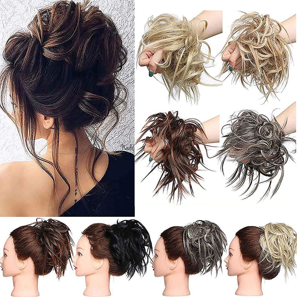 Unisex Messy Hair Bun Chignons Synthetic Hair Extensions Wavy Donut Updo Scrunchy Curly Hairpieces Ash Blonde To Bleach Blonde