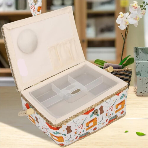 Large Vintage Sewing Basket with Multiple Compartments for Threads and Needles Storage, Style E 1
