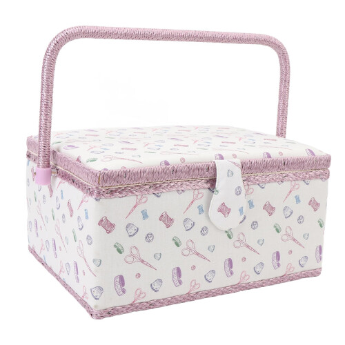 Large Capacity Fabric Sewing Basket  Secure Button Closure  Removable Tray  Portable Handle, Purple