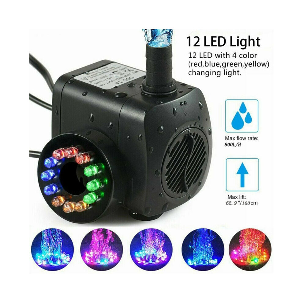 Pond Fountain Pump, Submersible 15W 800L/H Electric Water Feature Pump with Multiple Nozzles, Anti-clogging Design, Adjustable Water Flow for Ponds,