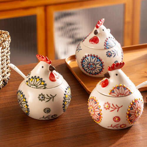 Chicken Themed Ceramic Condiment Jar Includes Lid And-Green 2