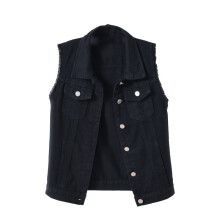Denim Crop-vest for kvinner, ermeløs design, casual topper med knapper foran, vaskbar streetwear-vest i klassisk denimstil, V-hals ermeløs