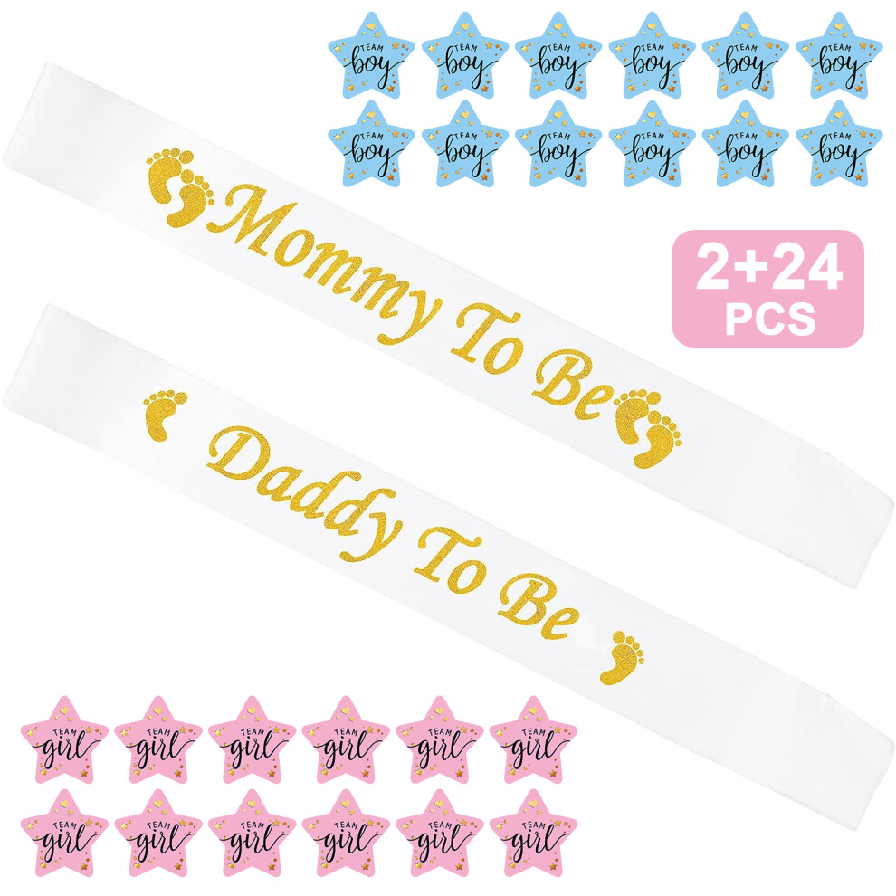 Gender Reveal Stickers With Sash Set For Baby Shower, Mommy To Be Daddy To Be Premium Fabric, 2 Pcs Elegant And Clear Shiny Text Perf White/Gold