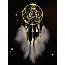 Wedding Ornament Craft Gift, Bohemian Home Decor Half Circle Moon Decor with LED Light Up Dream Catcher, Handmade Feather Dreamcatcher for Perfect Hom