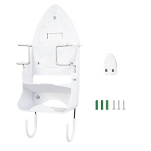 Heavy Duty Wall Mounted Iron Holder with Hooks for Space Saving Laundry Room Storage Organizer White