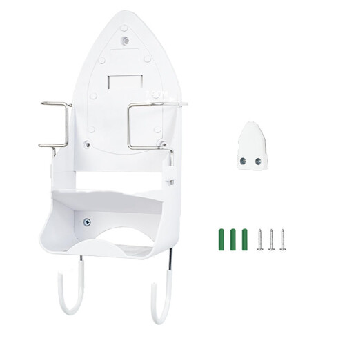 Heavy Duty Wall Mounted Iron Holder with Hooks for Space Saving Laundry Room Storage Organizer White