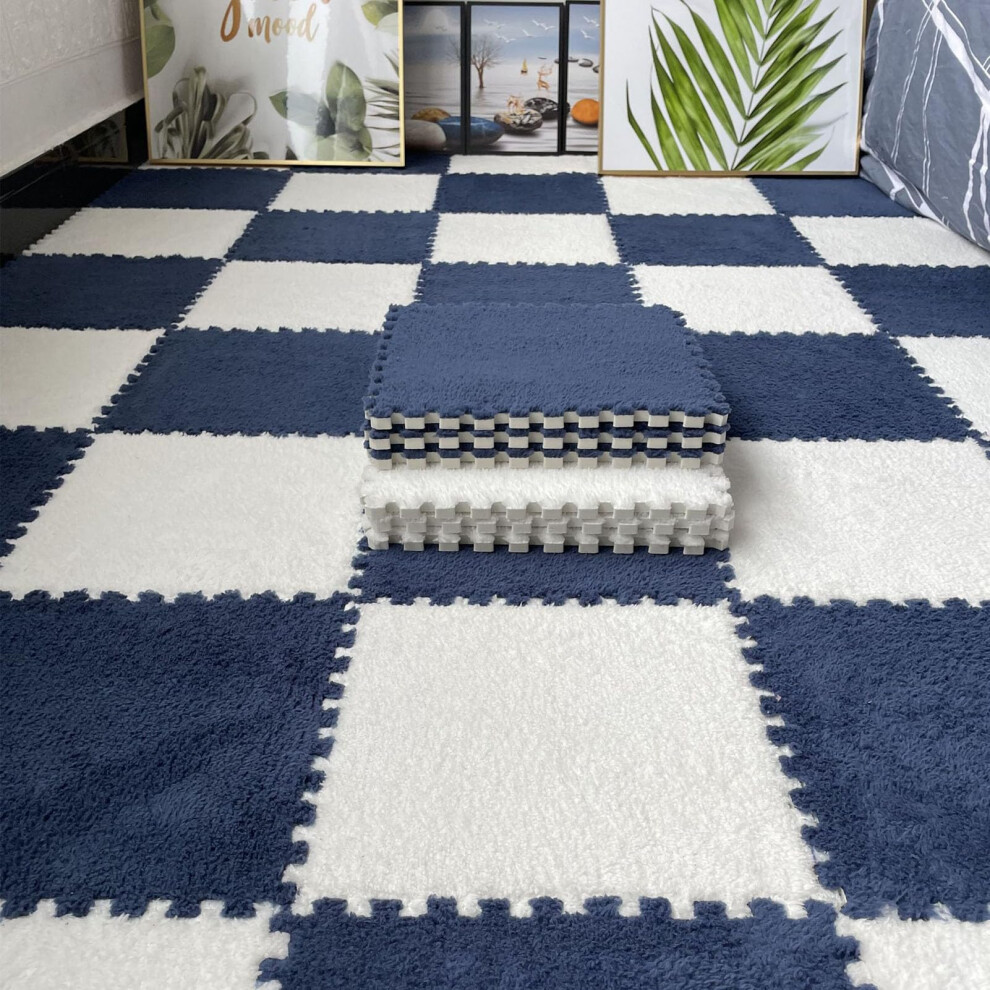 Interlocking Plush Carpet Tiles 16Piece Set Soft Puzzle Mats, Nonslip, Bedroom Playroom, Navy, 0.6 Cm White