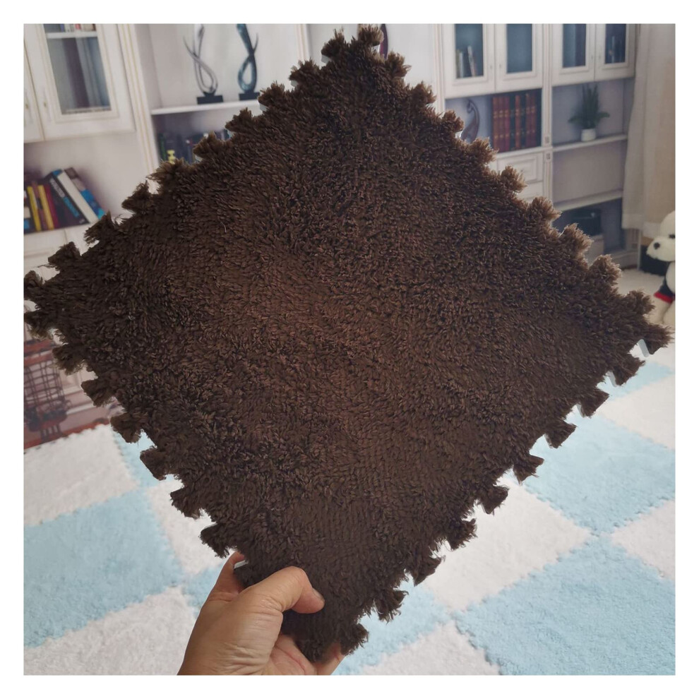 12Piece Plush Foam Interlocking Floor Mat Coffee 30X1cm With 12 Edgings, Antislip Puzzle Play Mat Fluffy Tiles Dark