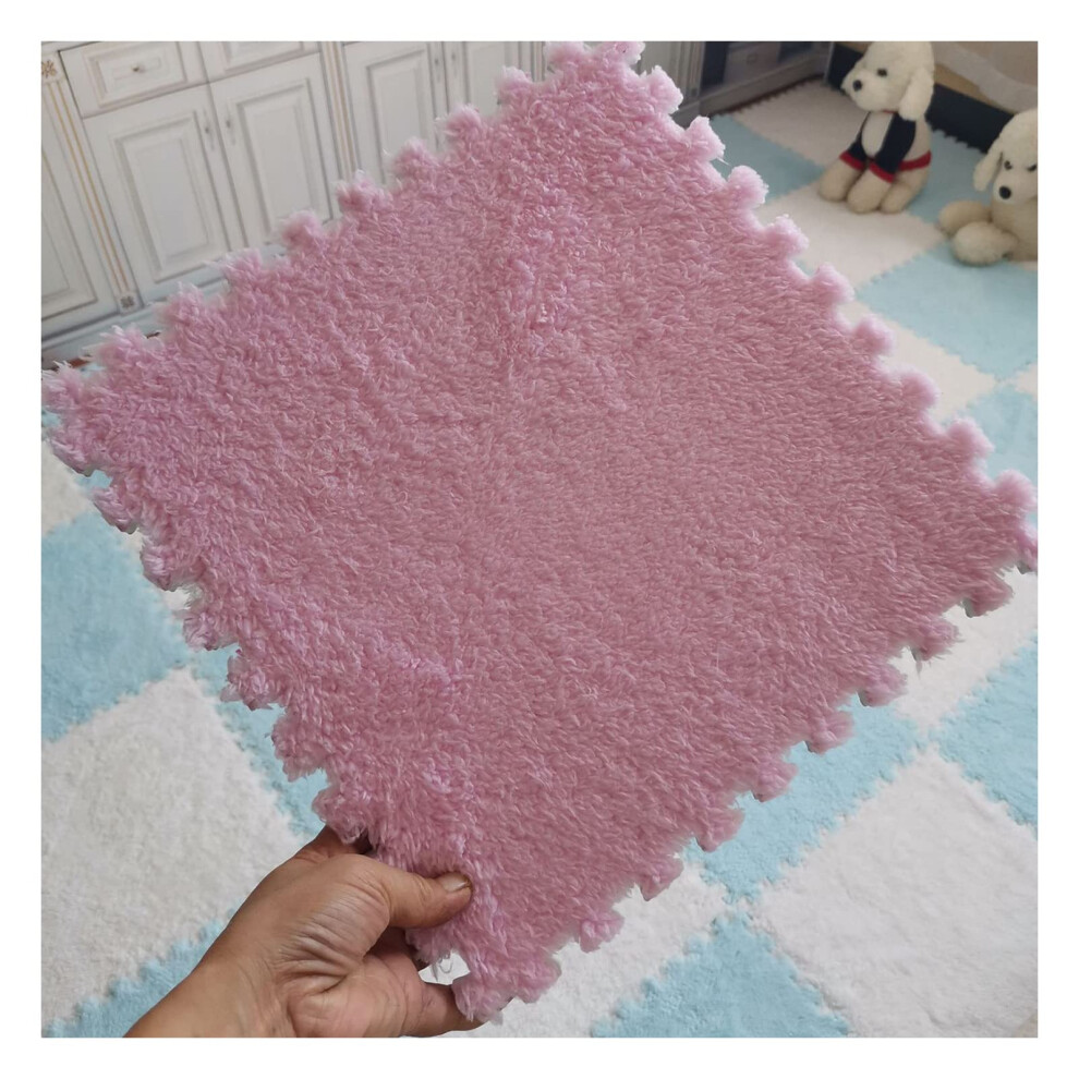 12Piece Plush Foam Interlocking Floor Mat With 12 Edgings 30X0.6cm Soft Antislip Puzzle Playmat Pink