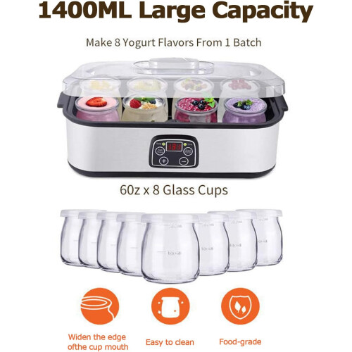 Yogurt Maker Machine 1400ML Automatic Yoghurt Maker With 8x180ML Glass Jars LED Display 1855 C Temperature Control 2