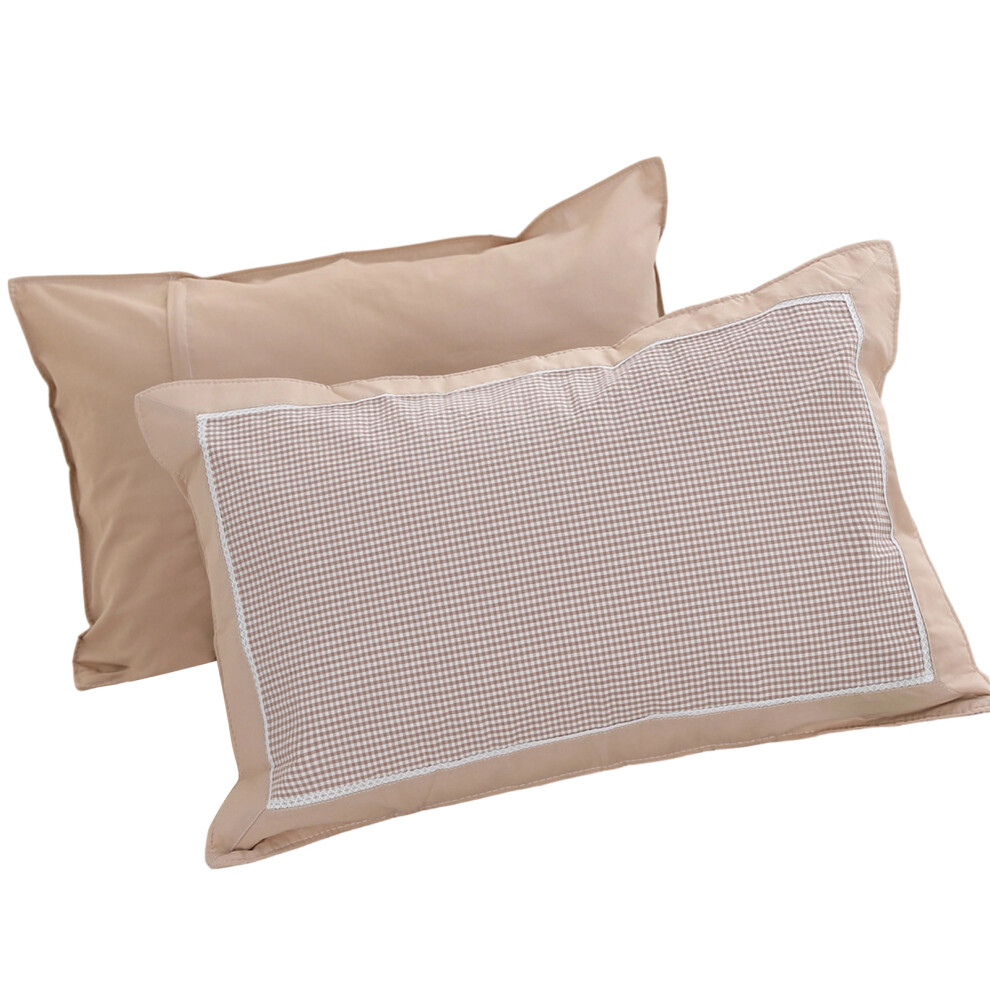 2 Pack Washed Cotton Plaids Pillowcases with Lace Trim-Khaki