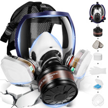 Gas Masks Survival Nuclear and Chemical, Activated Carbon Filters, Full Face Respirator Mask with Anti Scratch Large Field of View Shield, Five Point