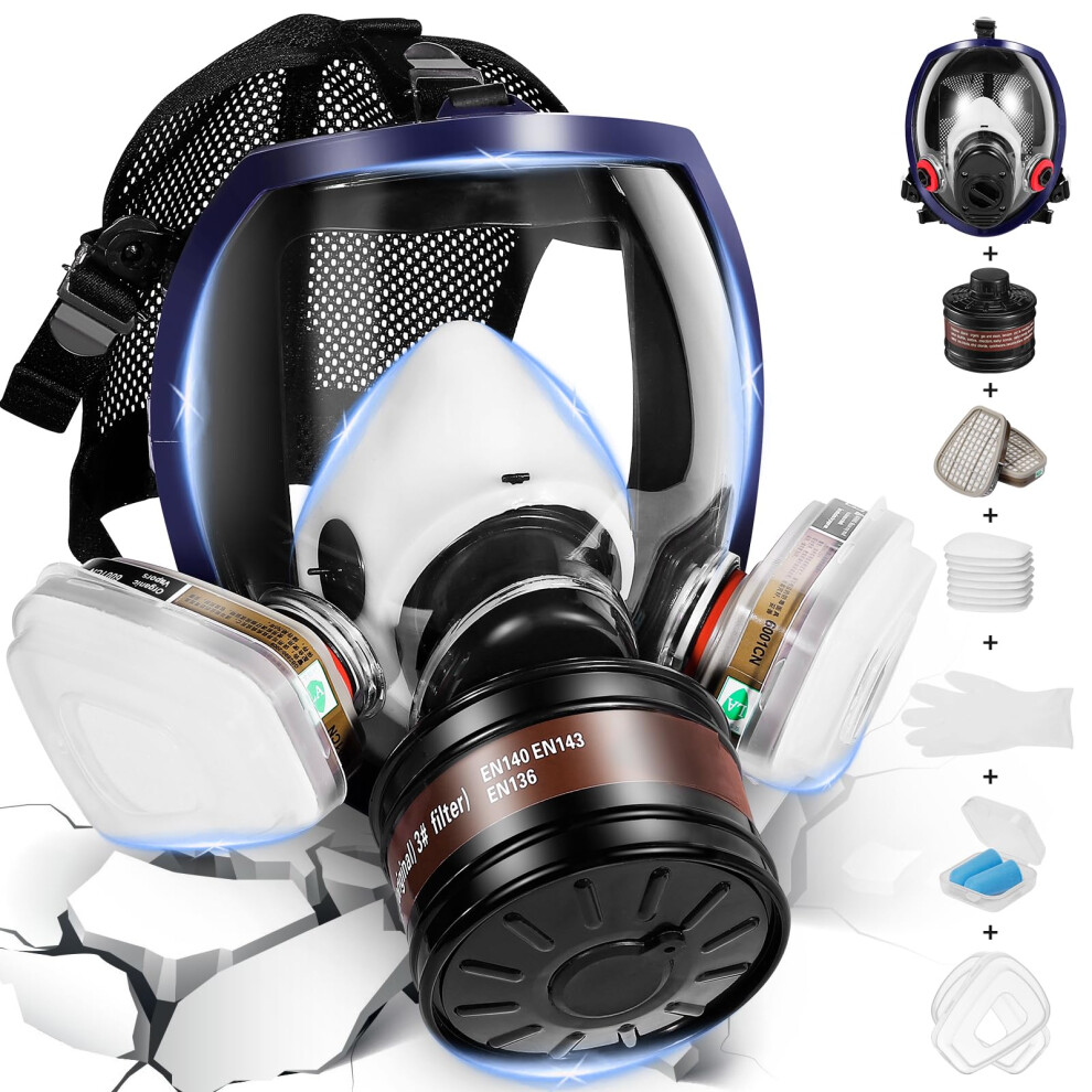 Dual Filtration System Respirator For Hazard Protection, Soft Silicone Seal Full Face Mask With Adjustable Headband And Anti Fog Lens, Reusable Gas 9181073077098