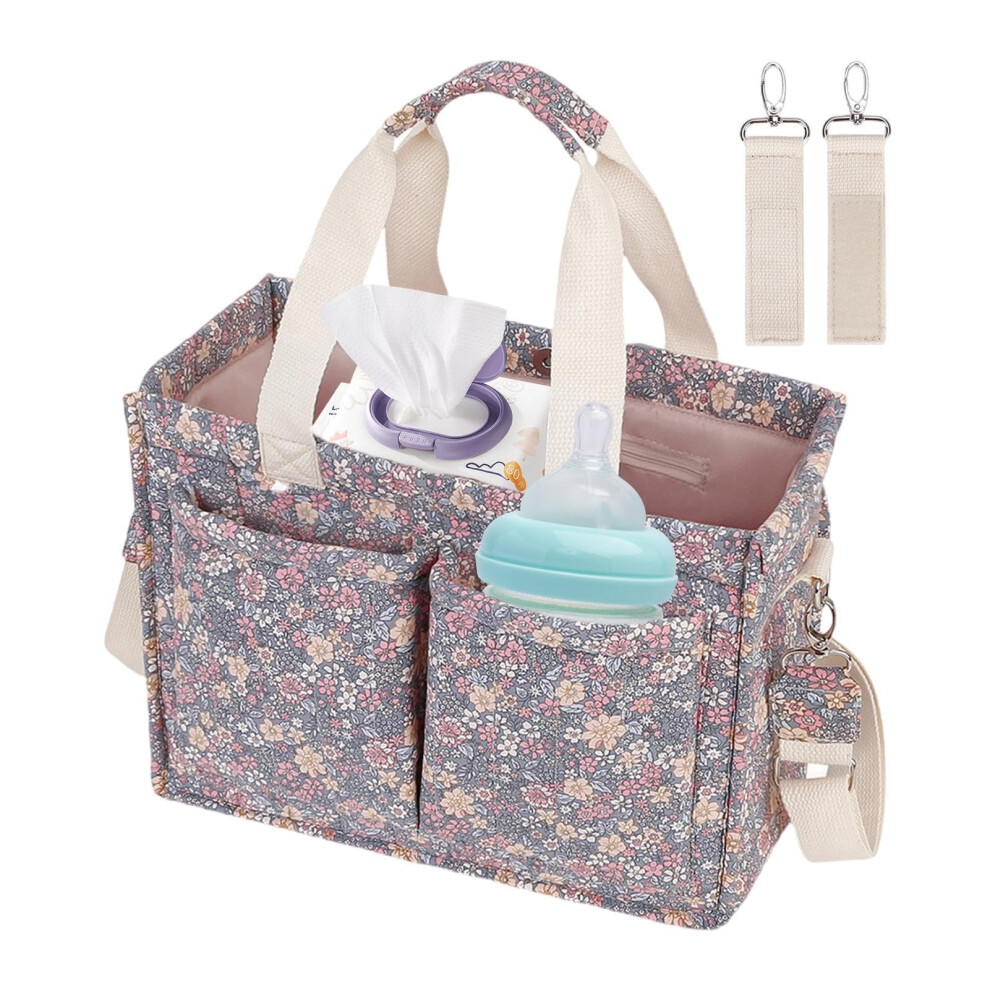 Diaper Bag Tote with Large Storage Capacity, Floral Stroller Organizer for Baby Travel Essentials