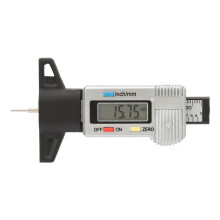 Medidor de profundidade de sulco de pneus com visor LCD digital, botões fáceis de usar e material durável para manutenção de veículos.