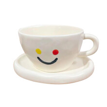 Ceramic Coffee Mug With Smiley Face, 300ml Cappuccino Cup, White With Saucer, Breakfast Oatmeal Tea Milk Cup, Gift