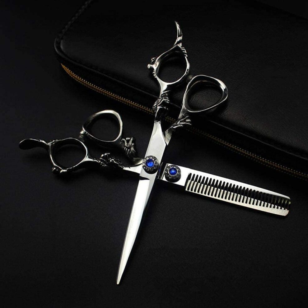 Blue Professional 440C Hair Cutting Scissors With Handle, Salon Barber Shears For Thinning And Layering