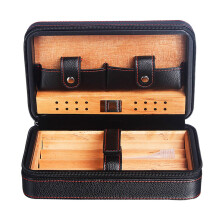 Travel Cigar Humidor Box Case Leather Cedar Lined Cigar Humidor with Humidifier, Portable Holds 4 Cigars(Black)