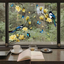 Adhesive Free Static Window Clings, Vibrant Design, Double Sided Pattern, Birds On Magnolia Branches With Butterfly Spring, Quality Vinyl, Reusable &