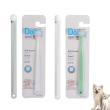 Dog toothbrush with long handle, soft mini brush head, dental care for pets.