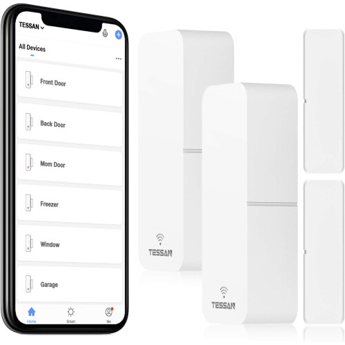 Système de sécurité pour maison connectée avec capteur d'entrée, commande vocale compatible Alexa et Google Assistant, alertes gratuites via