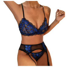 Women's Lace Bra Underwear Set VNeck Tights 3PC Mesh Lingerie Blue XL
