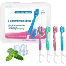 5in1 Singleuse Travel Toothbrush with Floss, Pick Tongue Scraper, Disposable Mini Toothbrushes On The Go, for Travel, Camping, 4 Mixed Flavors