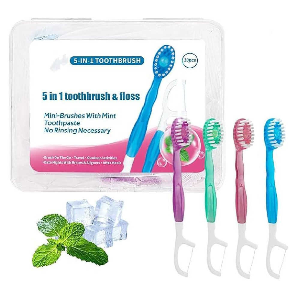 5in1 Singleuse Travel Toothbrush with Floss, Pick  Tongue Scraper, Disposable Mini Toothbrushes On The Go, for Travel, Camping, 4 Mixed Flavors