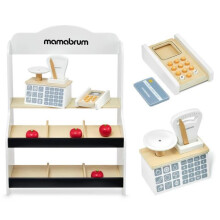 Mamabrum Marchande Enfant en bois 67 *46,5 *22 cm - Stand Vendeur Balance, Terminal avec Carte & 4 Pommes - Couleurs Ecologiques