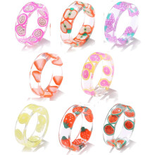 Cute Acrylic Resin Indie Summer Knuckle Fruit Transparent Resin Ring Colourful Funny Fruit Rings Gift for Women Teen Girls 1.7 cm