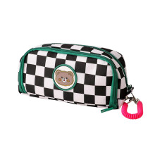 2Layer Pencil Pouch, Oxford Cloth Cute Pencil Case, Zipper with Spring Rope Hook, Black and White, Cartoon