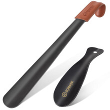 Shoe Horn Metal Set of 2, 42 cm Black Long Shoe Horn Stainless Steel with Leather Strap